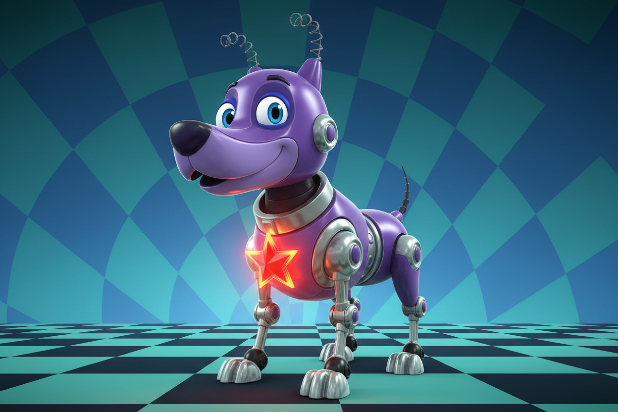 a purple jimmy neutron looking robot dog with a red star gemstone collar that helps him get powers and speak