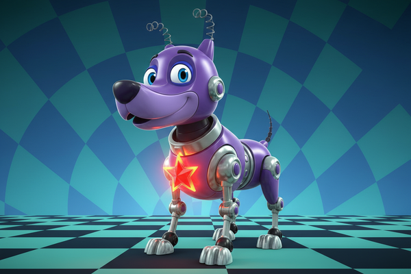 a purple jimmy neutron looking robot dog with a red star gemstone collar that helps him get powers and speak